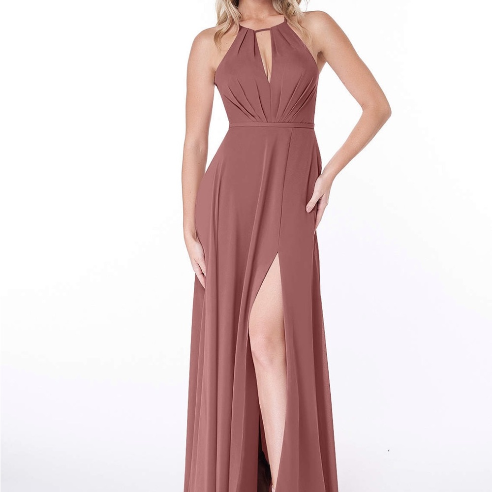Azazie Evaleen 
A-Line Pleated Chiffon Floor-Length Bridesmaid Dress Desert Rose